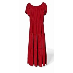 Red Off-Shoulder Tiered Maxi Dress L Flutter Sleeve Lined Cottagecore Boho Flowy